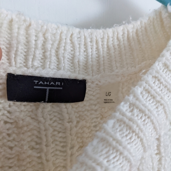 Tahari textured knit cotton blend crew neck sweater cream white Large T3 - Picture 6 of 8